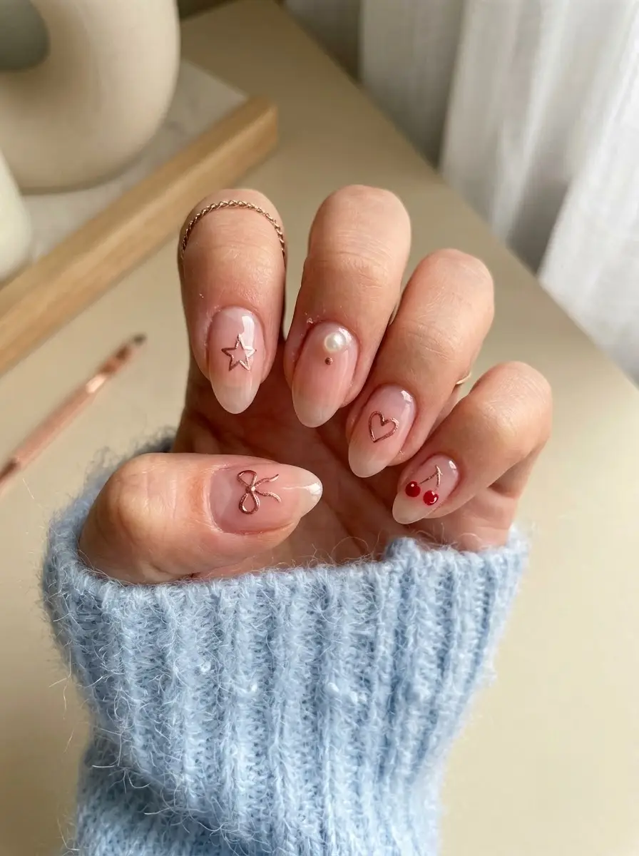 Rose Gold Charm Birthday Nails - Glossy sheer pink short almond nails with fine rose-gold charm details and pearl accent