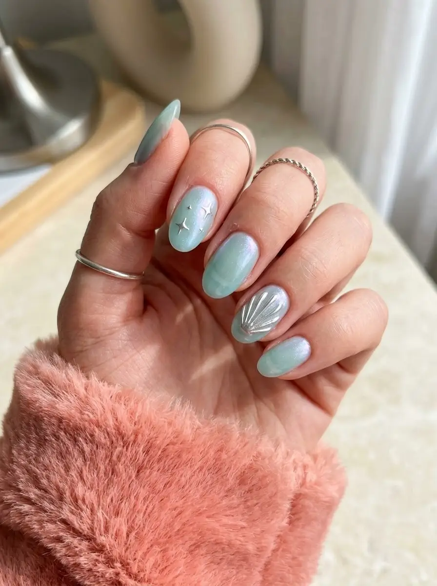 Teal Cat-Eye Birthday Nails With Seashell Accent - Luminous teal cat-eye rounded nails with silver stars and sculpted seashell accent