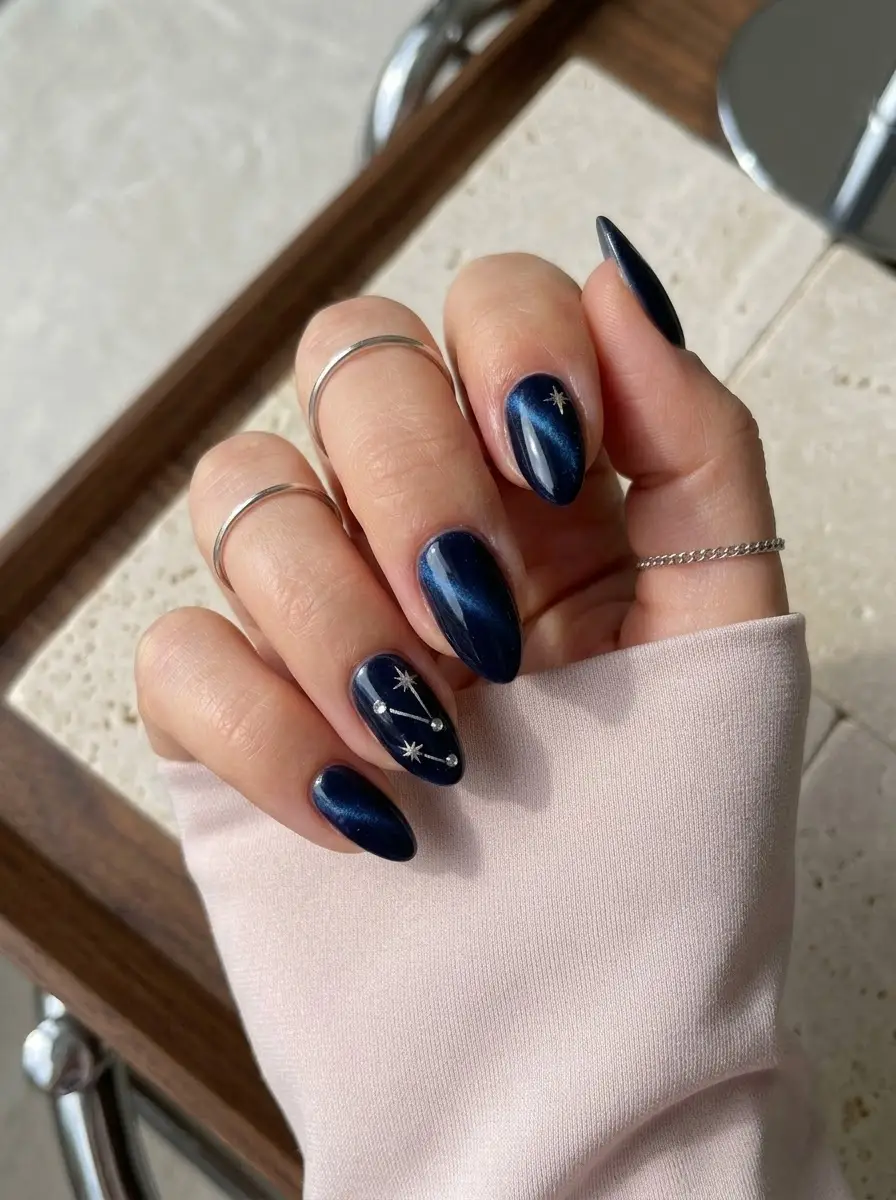 Navy Cat-Eye Constellation Birthday Nails - Deep navy blue magnetic cat-eye almond nails with silver star constellation design