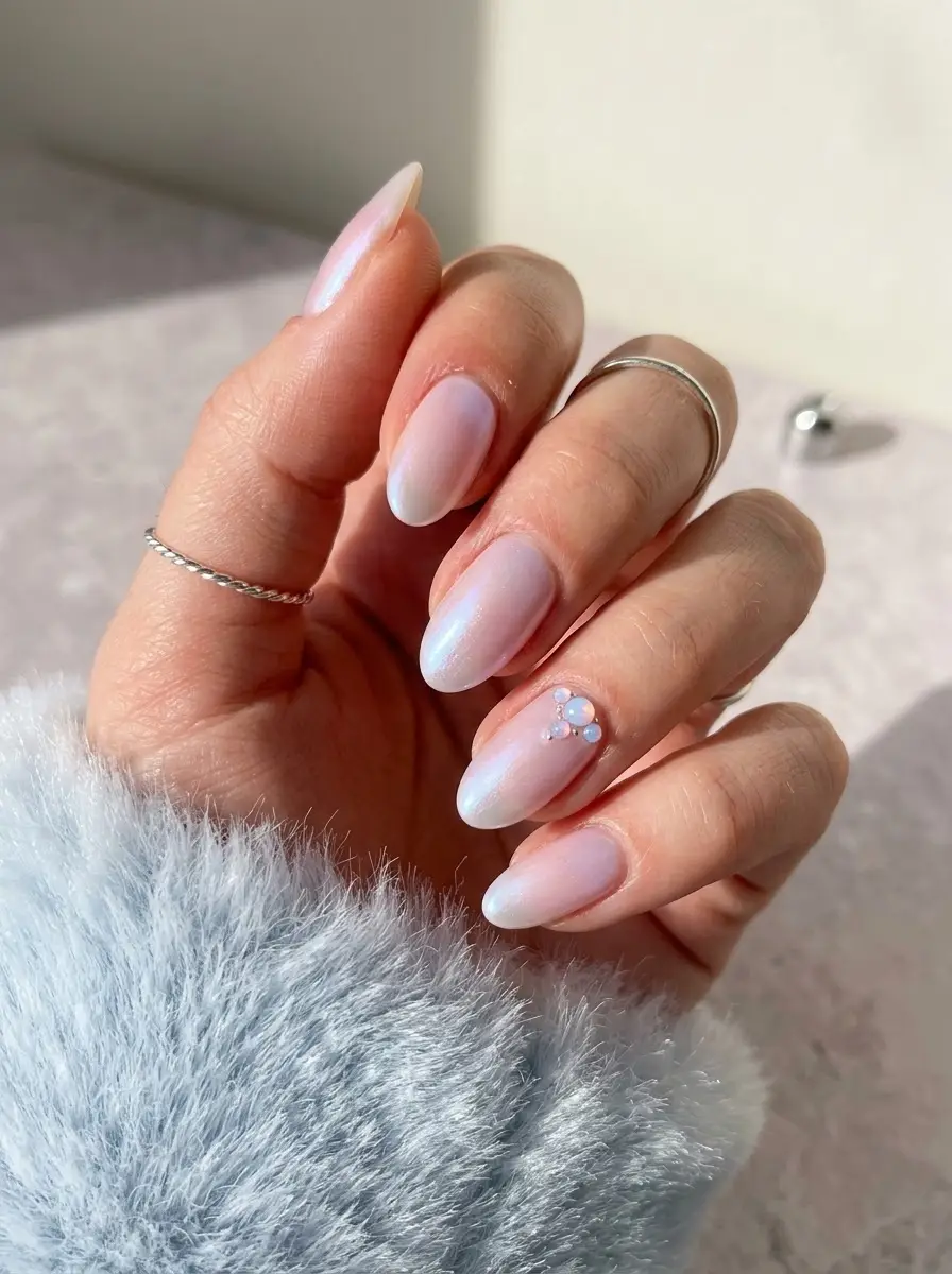 Pearl White Birthday Nails With Pastel Gems - Glazed pearl white almond nails with pink and blue gemstone cluster accent
