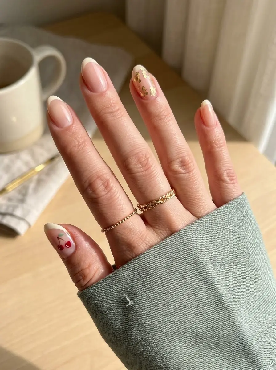 Cherry French Birthday Nails With Gold Leaf - Almond French tip nails with red cherries and gold leaf foil accents