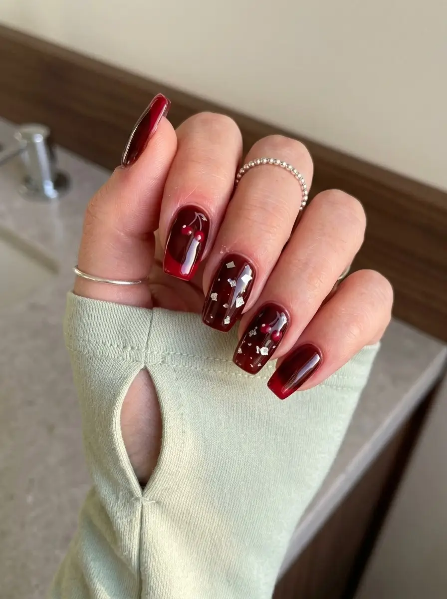 Deep Red Cherry Birthday Nails With Silver Foil - Long square syrup-red nails with cherry motifs and silver foil accents