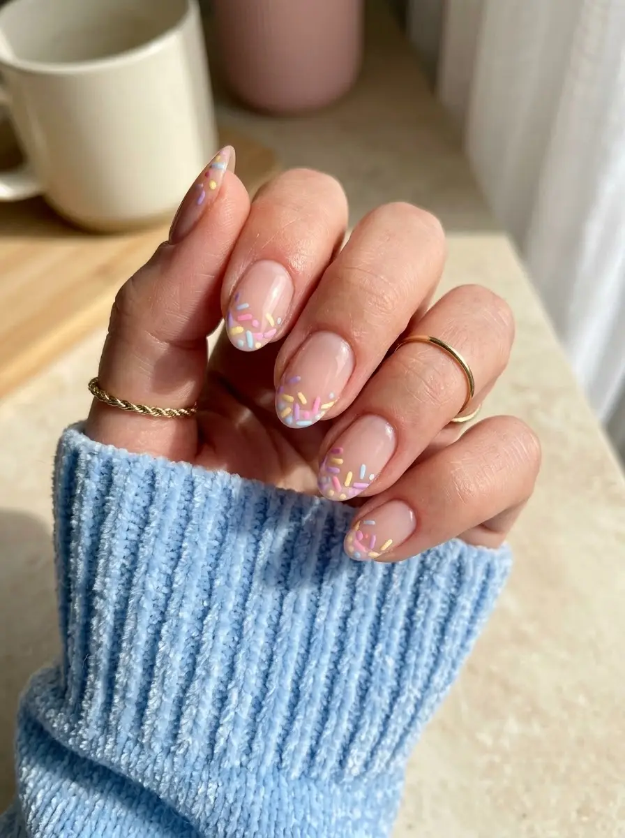 Pastel Sprinkle Birthday Nails - Translucent nude short rounded-almond nails scattered with colorful pastel sprinkles
