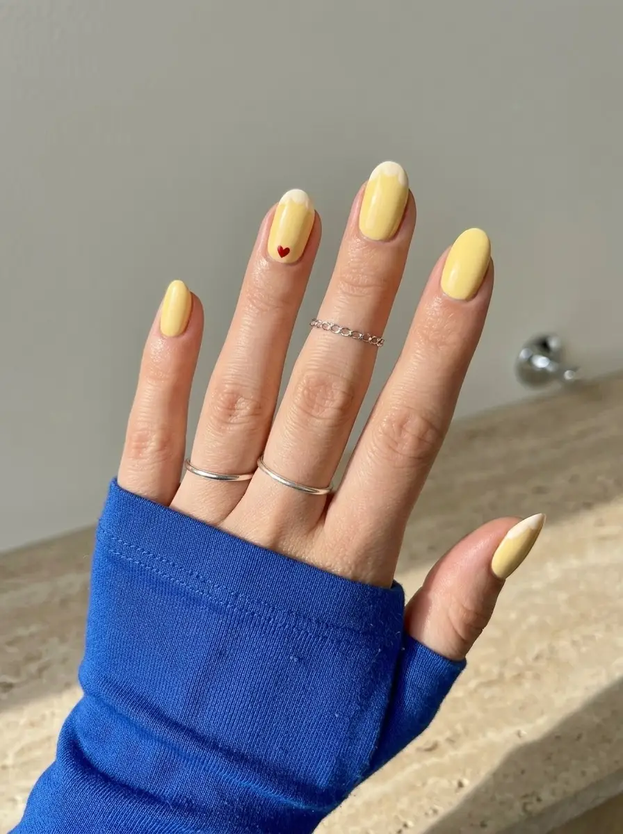 Butter Yellow Heart Birthday Nails - Soft yellow almond nails with creamy white tip ombre and tiny red heart detail