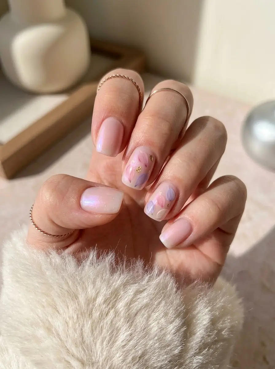Pastel Floral Birthday Nails With Gold Flakes - Glossy translucent short square nails with pastel florals and gold foil