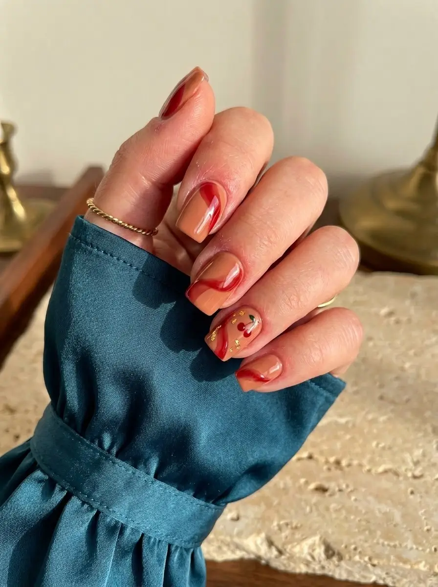 Red Cherry Swirl Birthday Nails - Short square nude nails with flowing glossy red tips, cherries, and gold touches