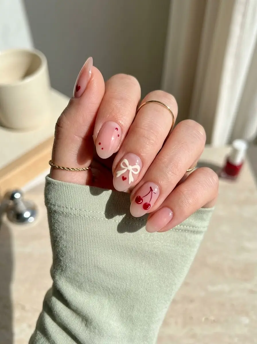 Bow, Heart and Cherry Birthday Nails - Short rounded translucent pink-nude nails with miniature bow, heart, and cherry details