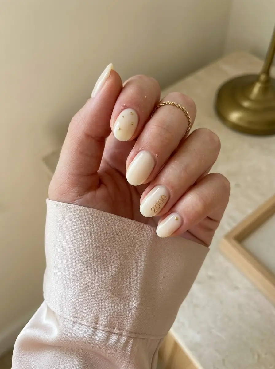 Cream Birthday Nails With Gold Year Detail - Short rounded ivory nails with gold studs and gold 2000 year lettering