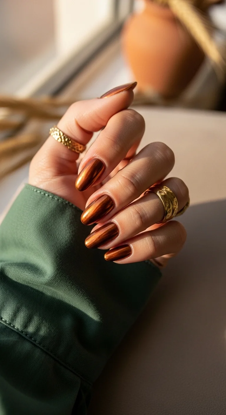 Reflective copper chrome almond nails on a hand with gold rings.