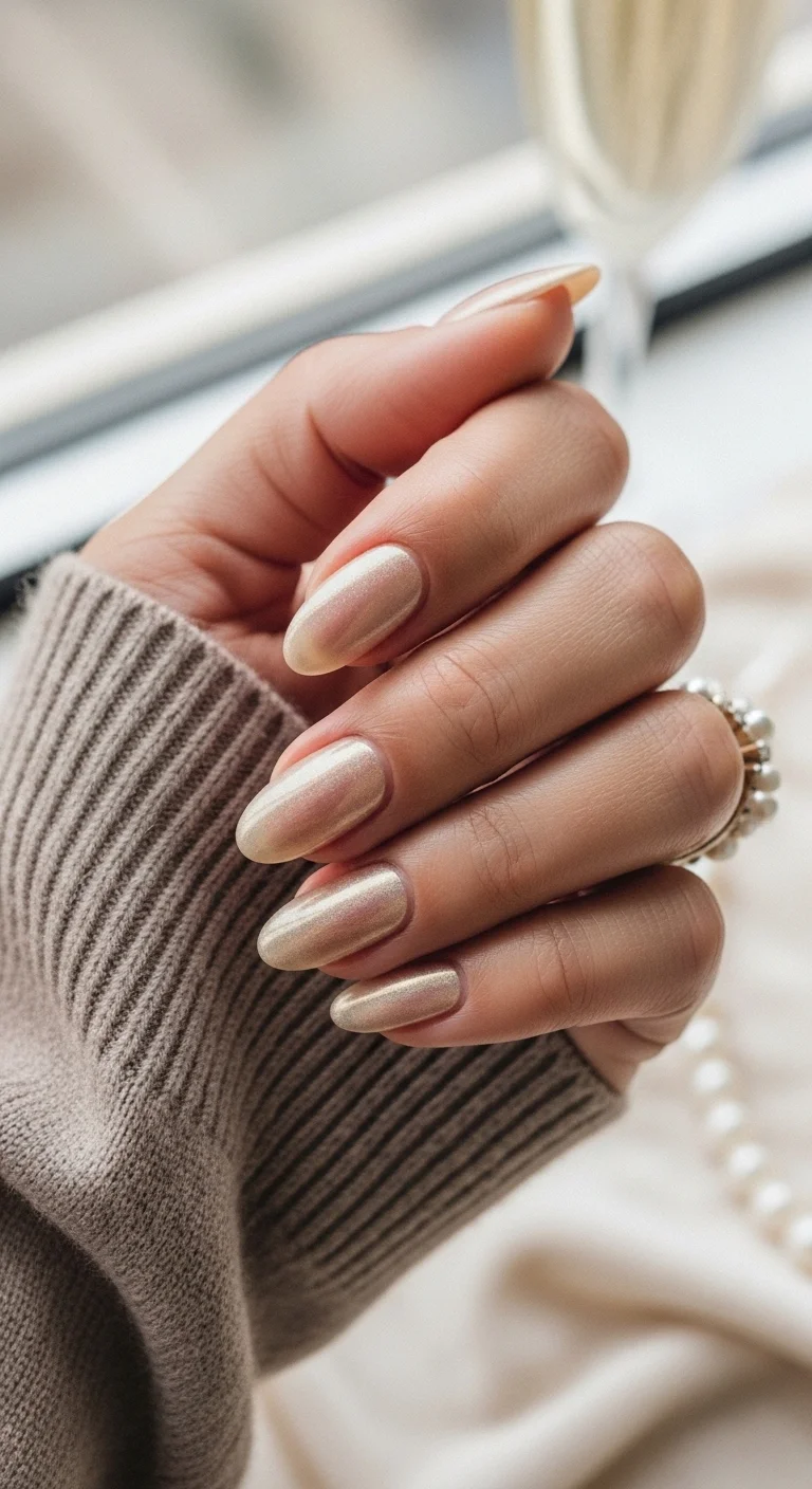 Soft pearlescent champagne almond nails with a glowing finish.