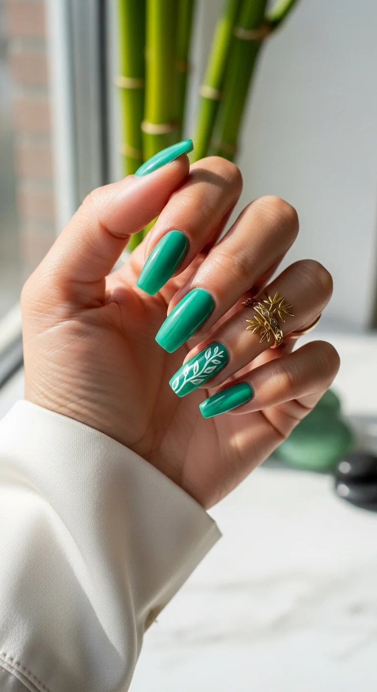 Teal coffin nails with a white leaf accent nail.