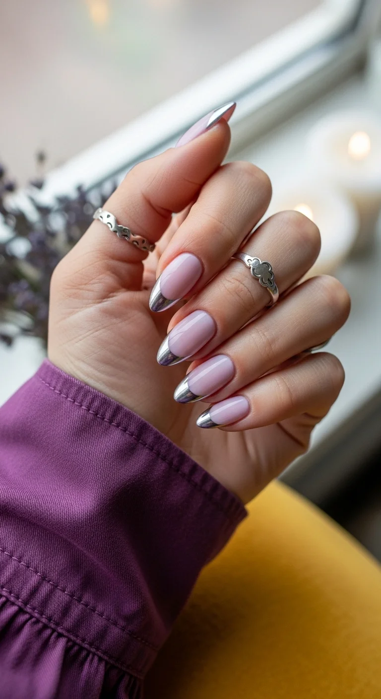 Almond nails with a milky lavender base and silver chrome French tips.