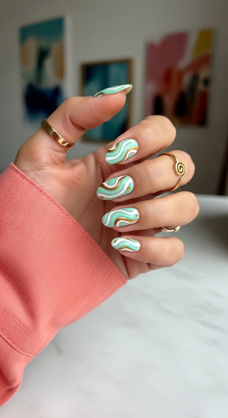 Almond nails with mint, white, and gold swirling patterns.