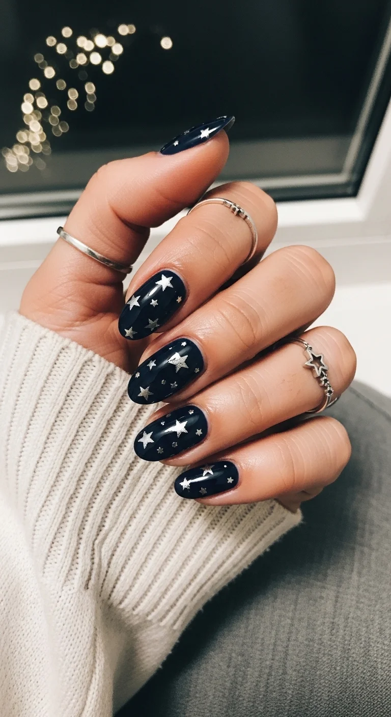 Dark navy almond nails with silver star and sparkle art.