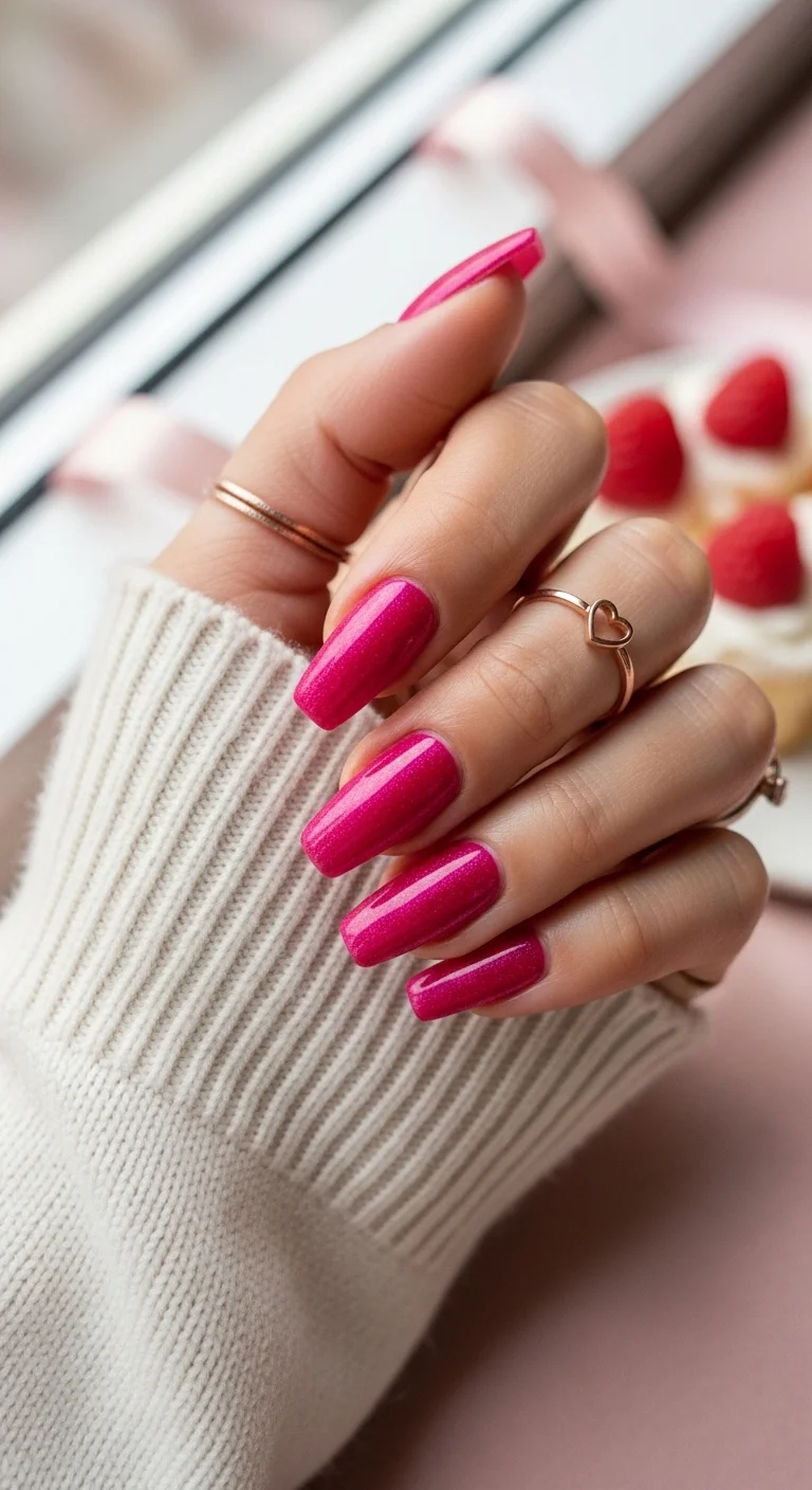 Long coffin nails in a shimmering, sparkling hot pink.