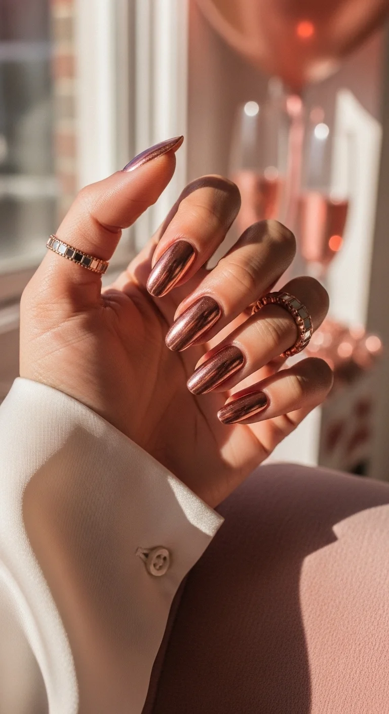 Reflective rose gold almond nails against a celebratory background.