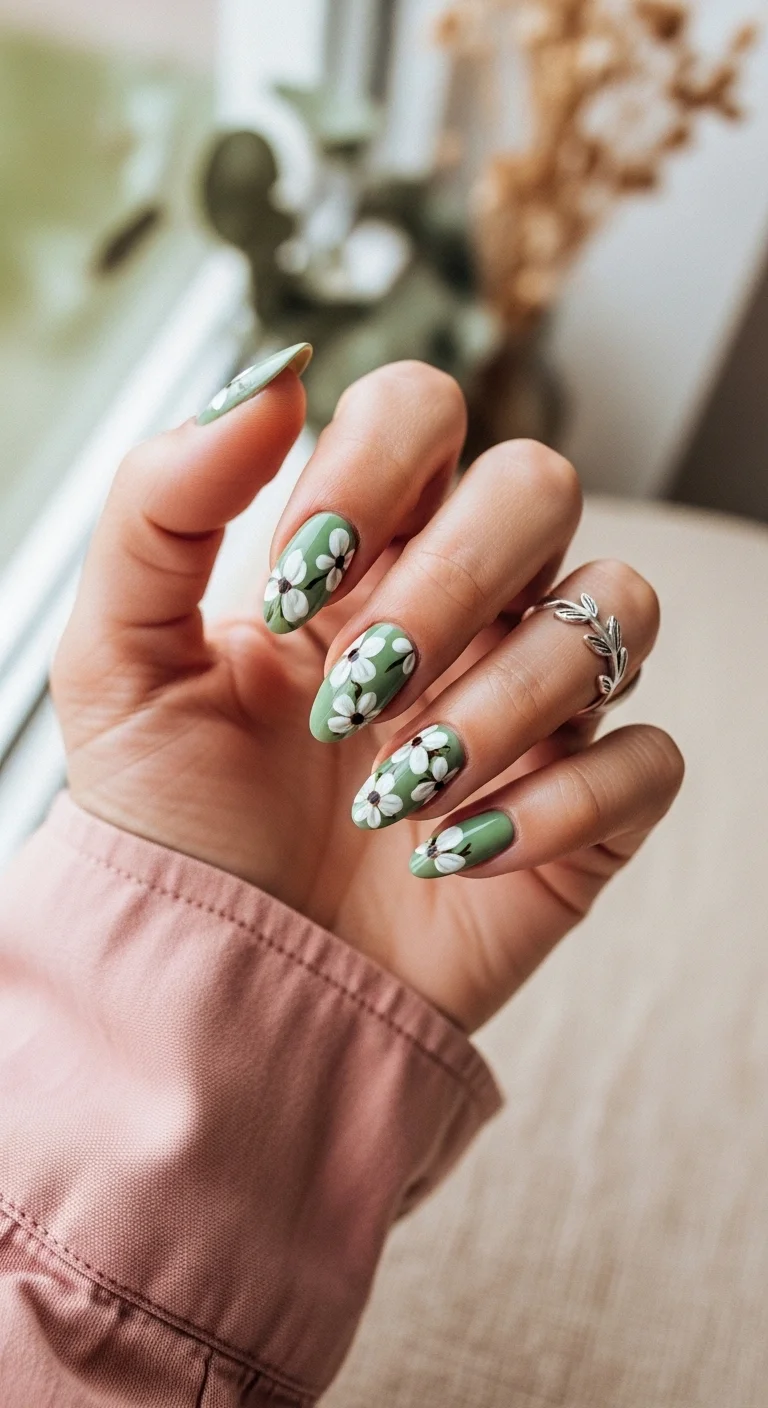 Sage green almond nails with delicate white daisy/floral art.
