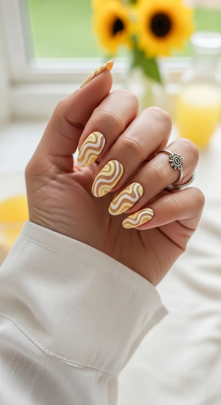 Matte yellow and cream wavy swirl pattern on oval nails.