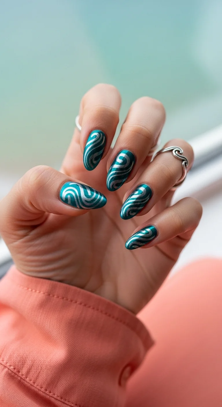 Almond nails with metallic teal base and silver chrome swirling patterns.