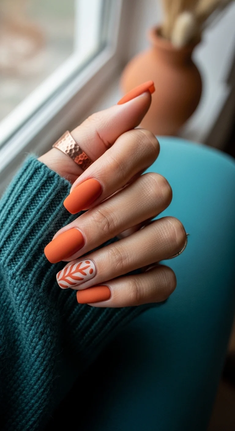 Coffin nails in matte burnt orange with one white and orange leaf accent nail.