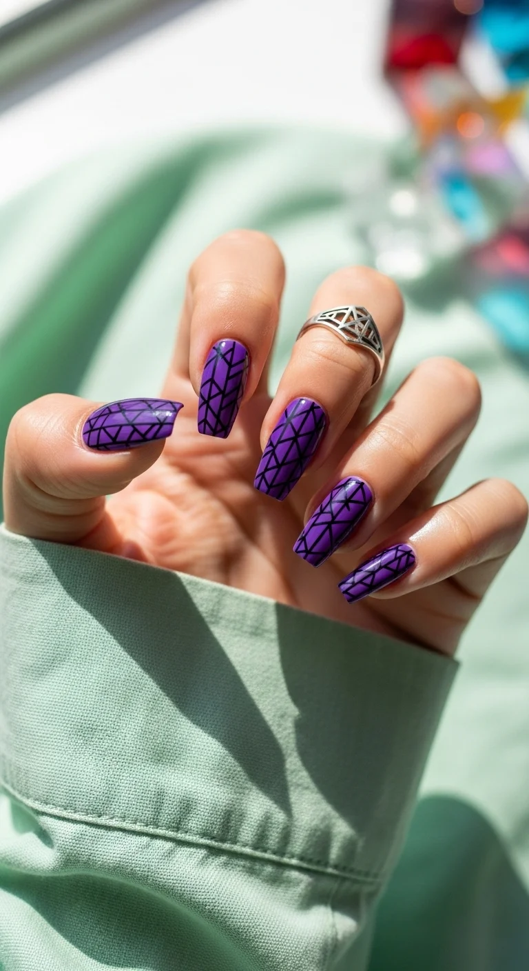 Long coffin nails in neon purple with black geometric line art.