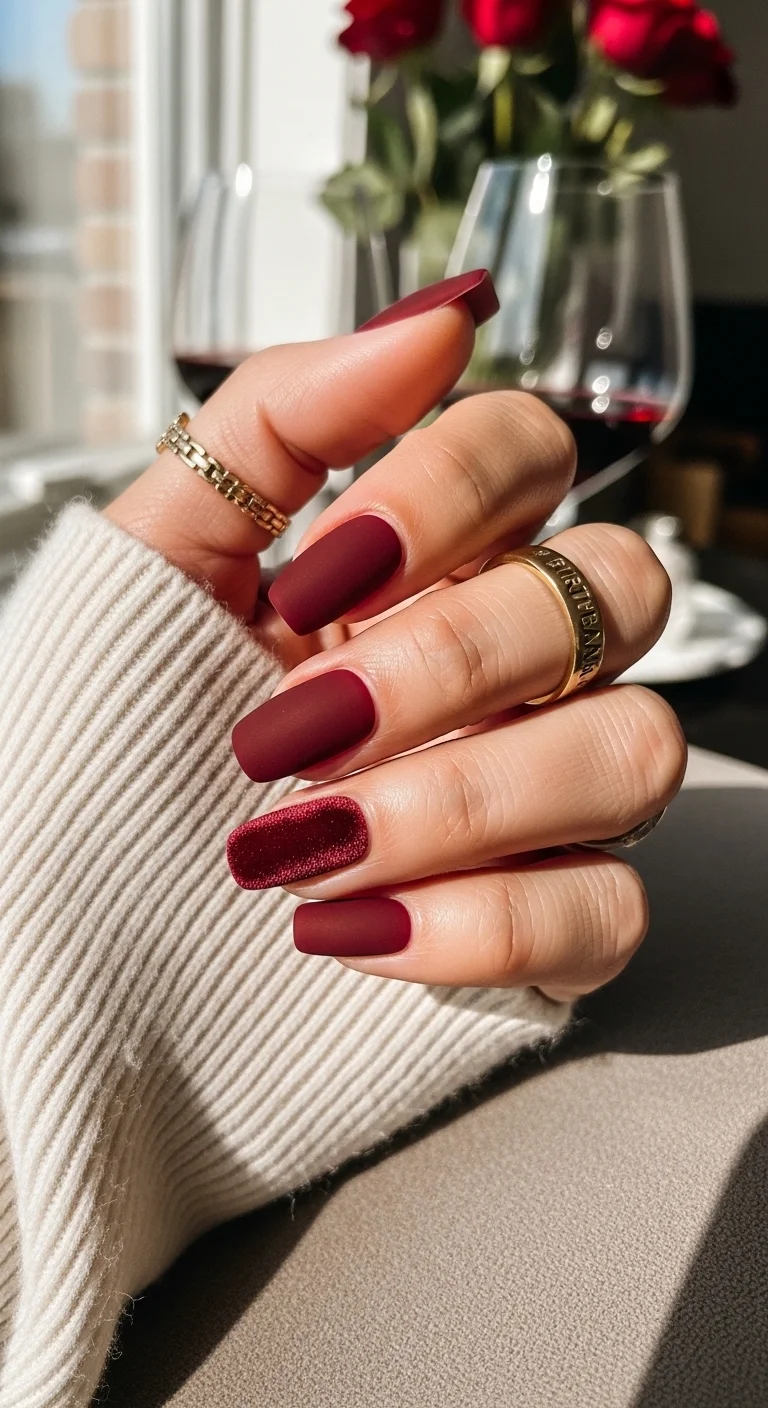 Short squoval nails in matte burgundy with one textured velvet accent nail.