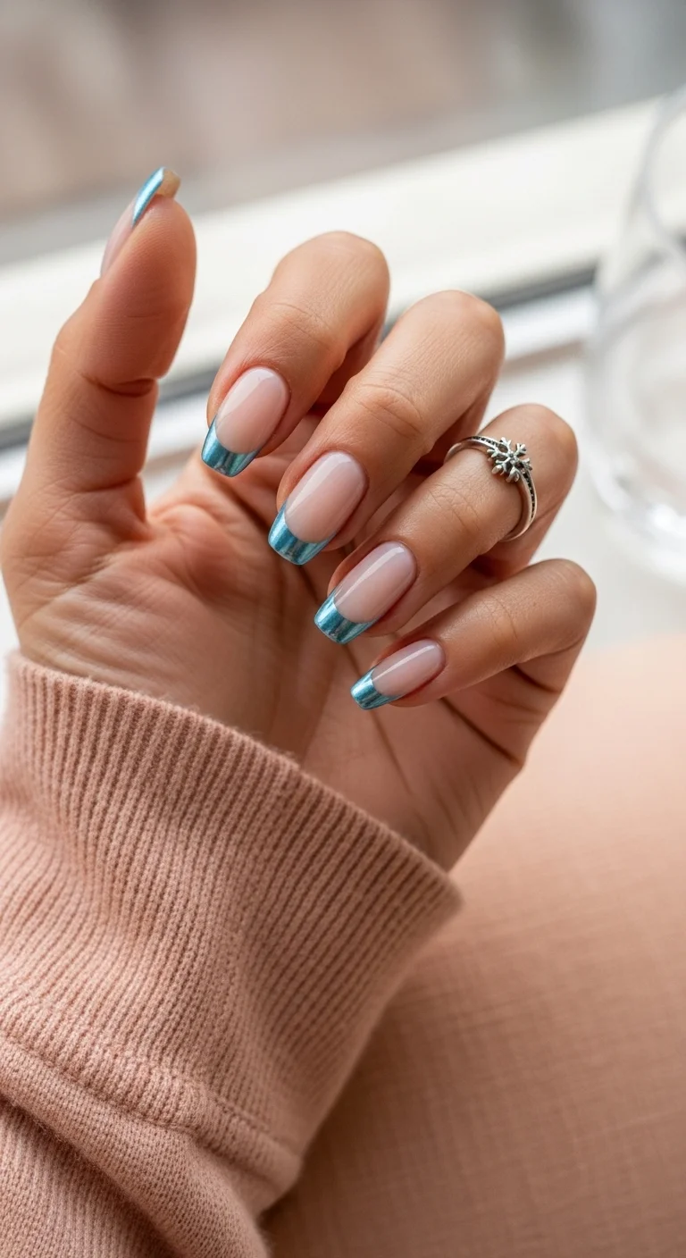 Squoval nails with a nude base and metallic blue chrome French tips.