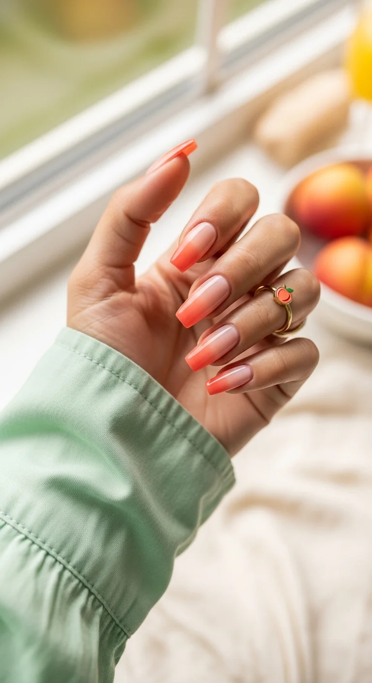Long coffin nails with a nude-to-peach ombre gradient.