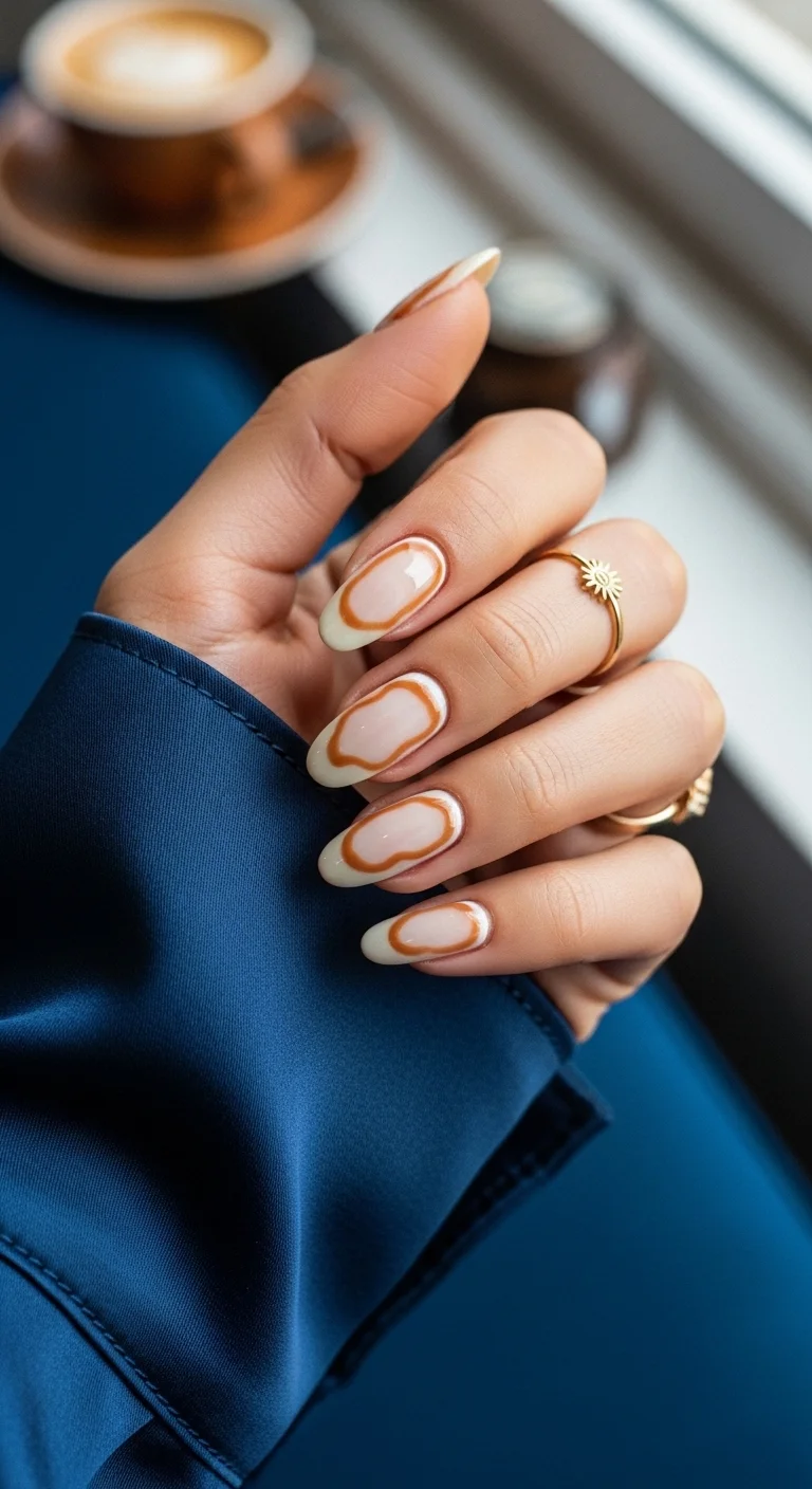 Almond nails with a cream base and thin brown abstract outlines.