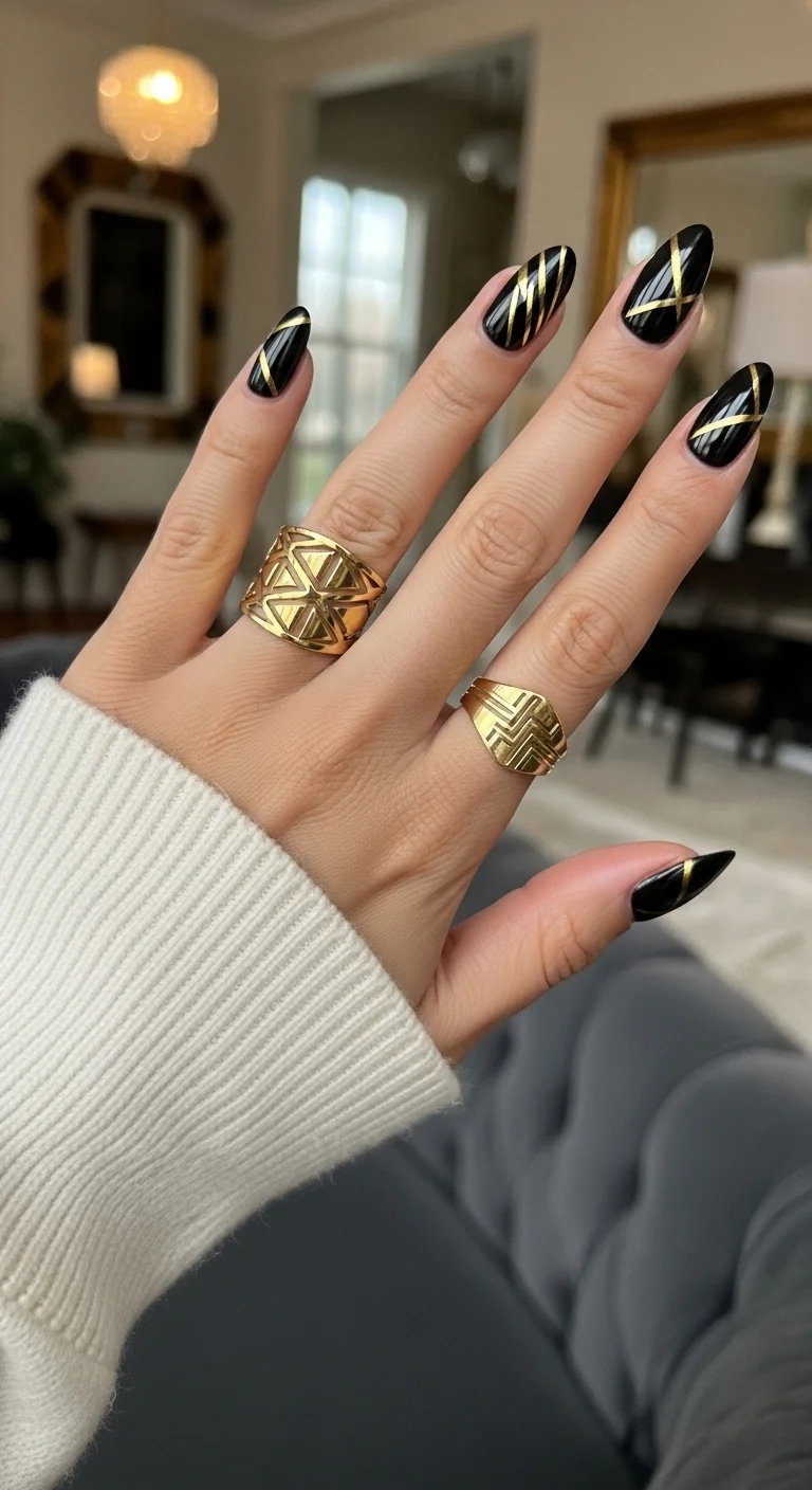 Long almond black nails with thin gold geometric strips.