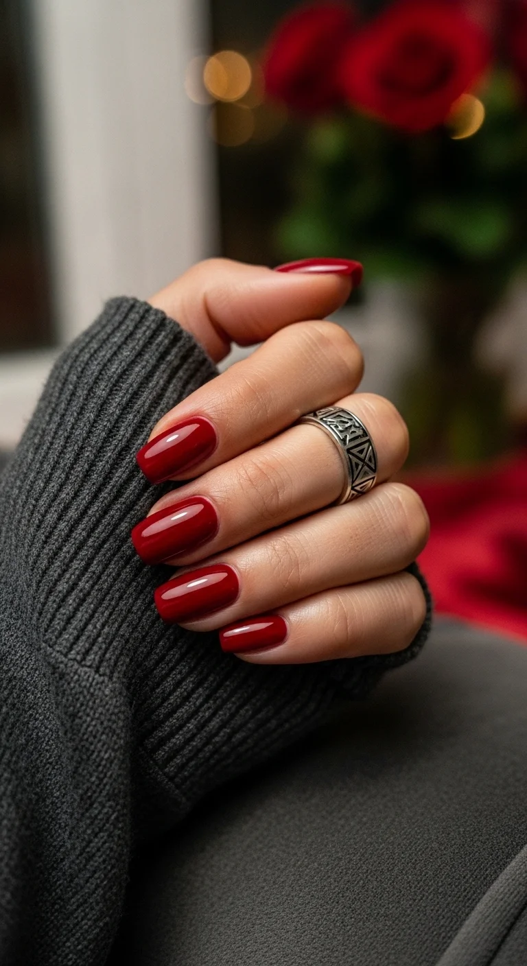 Glossy deep red squoval nails held against a grey sweater.