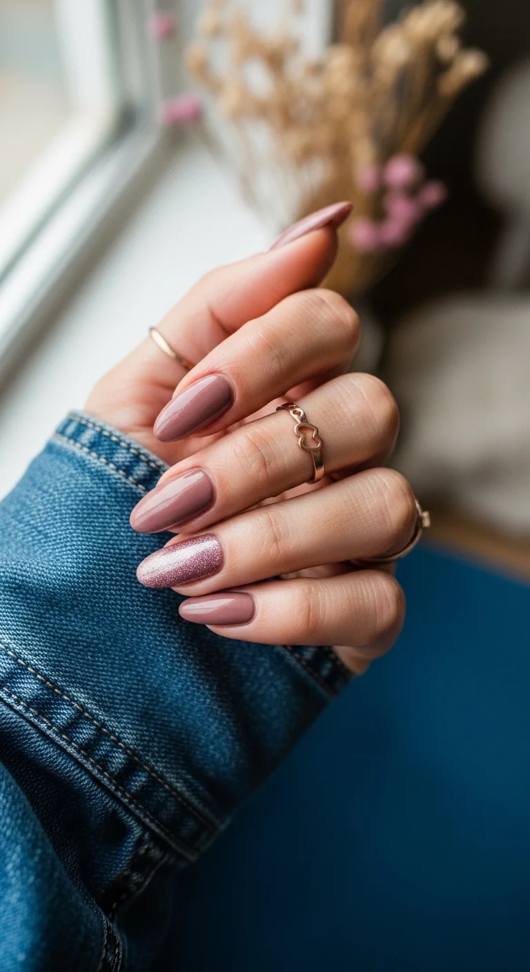 Almond nails in a soft mauve with one rose gold glitter accent nail.
