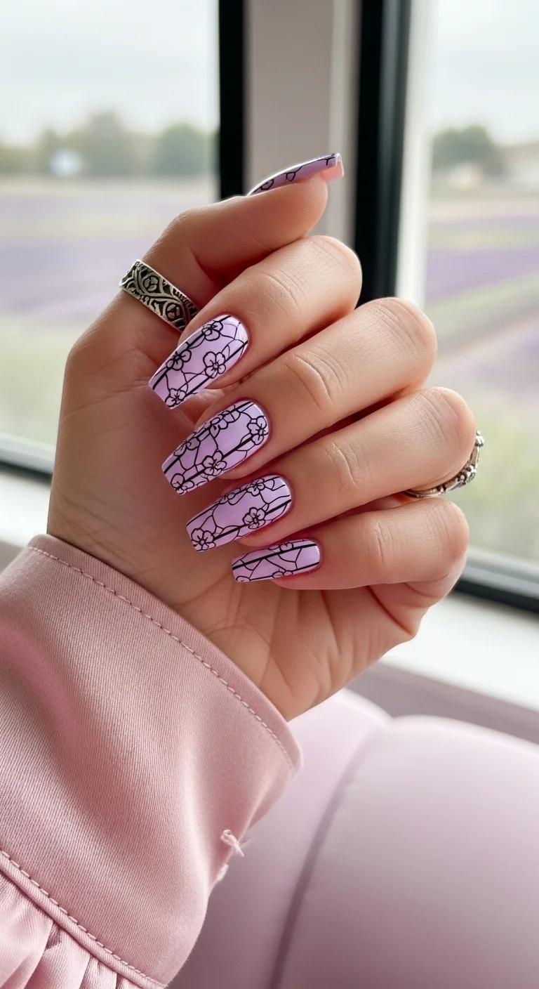 Long coffin nails in lavender with intricate black flower lace art.