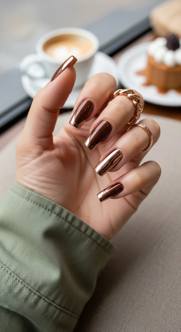 Long coffin nails in chocolate brown with metallic bronze French tips.