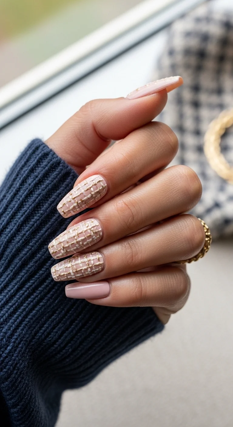 Coffin nails with an intricate pink and beige tweed fabric pattern.