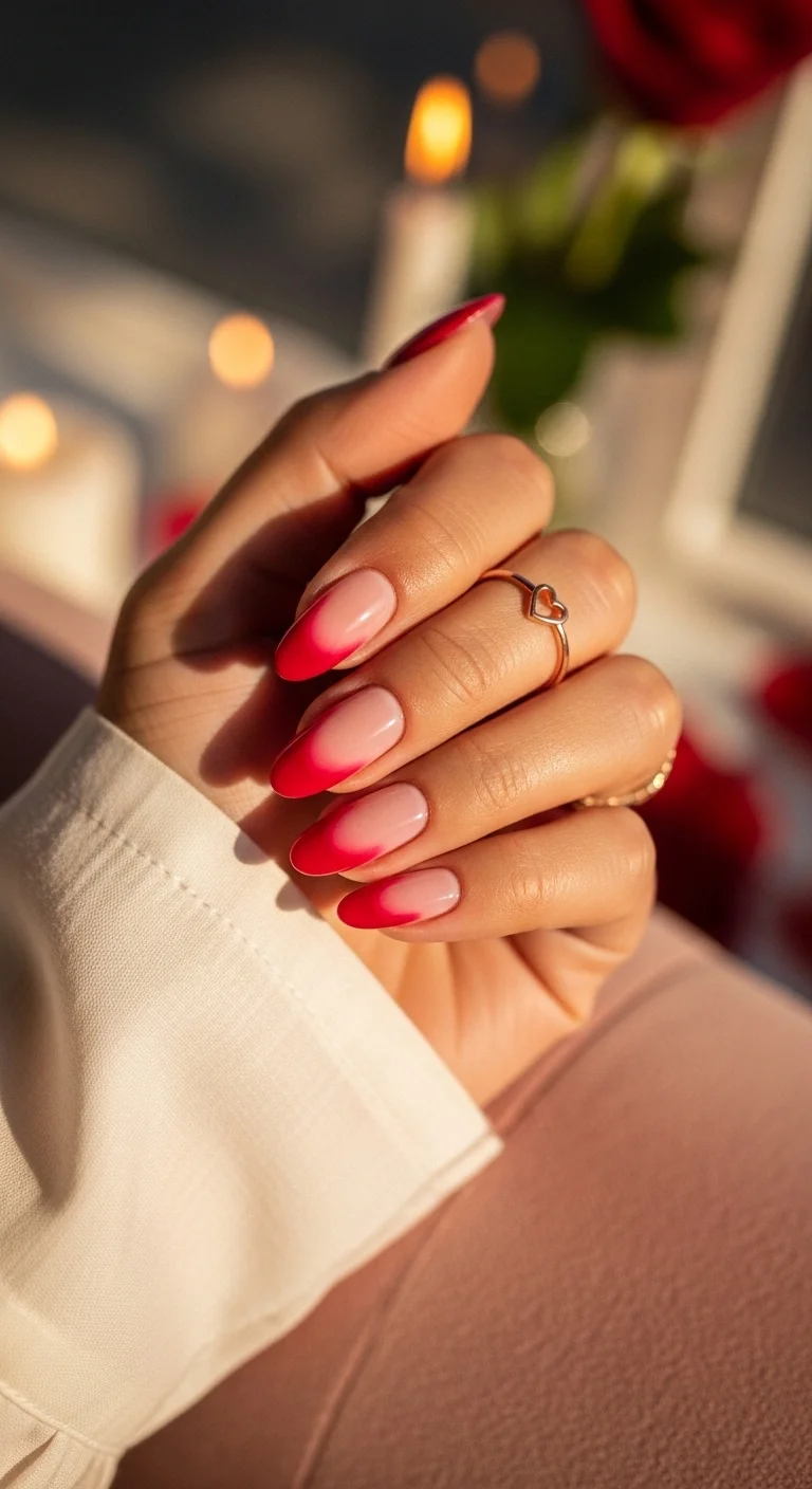 Almond nails with a nude base and bright red-to-pink ombre tips.