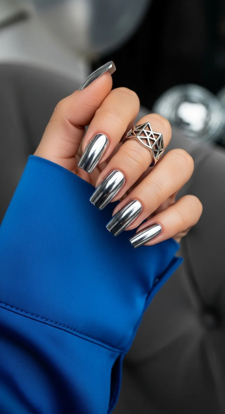 Long square silver chrome nails with a blue shirt background.