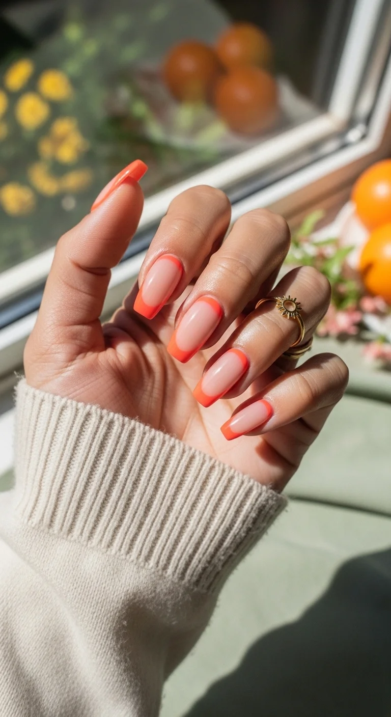 Long coffin nails with a nude base and bright orange French tips.