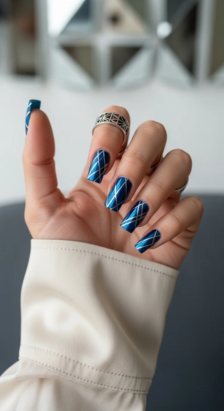 Metallic blue nails with silver geometric line art.