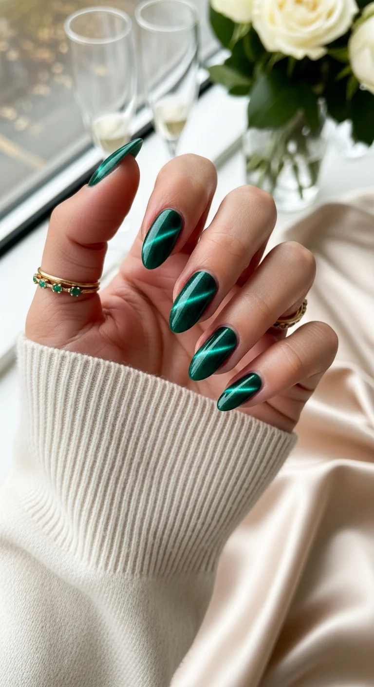 Almond nails with green magnetic cat-eye effect and gold rings.