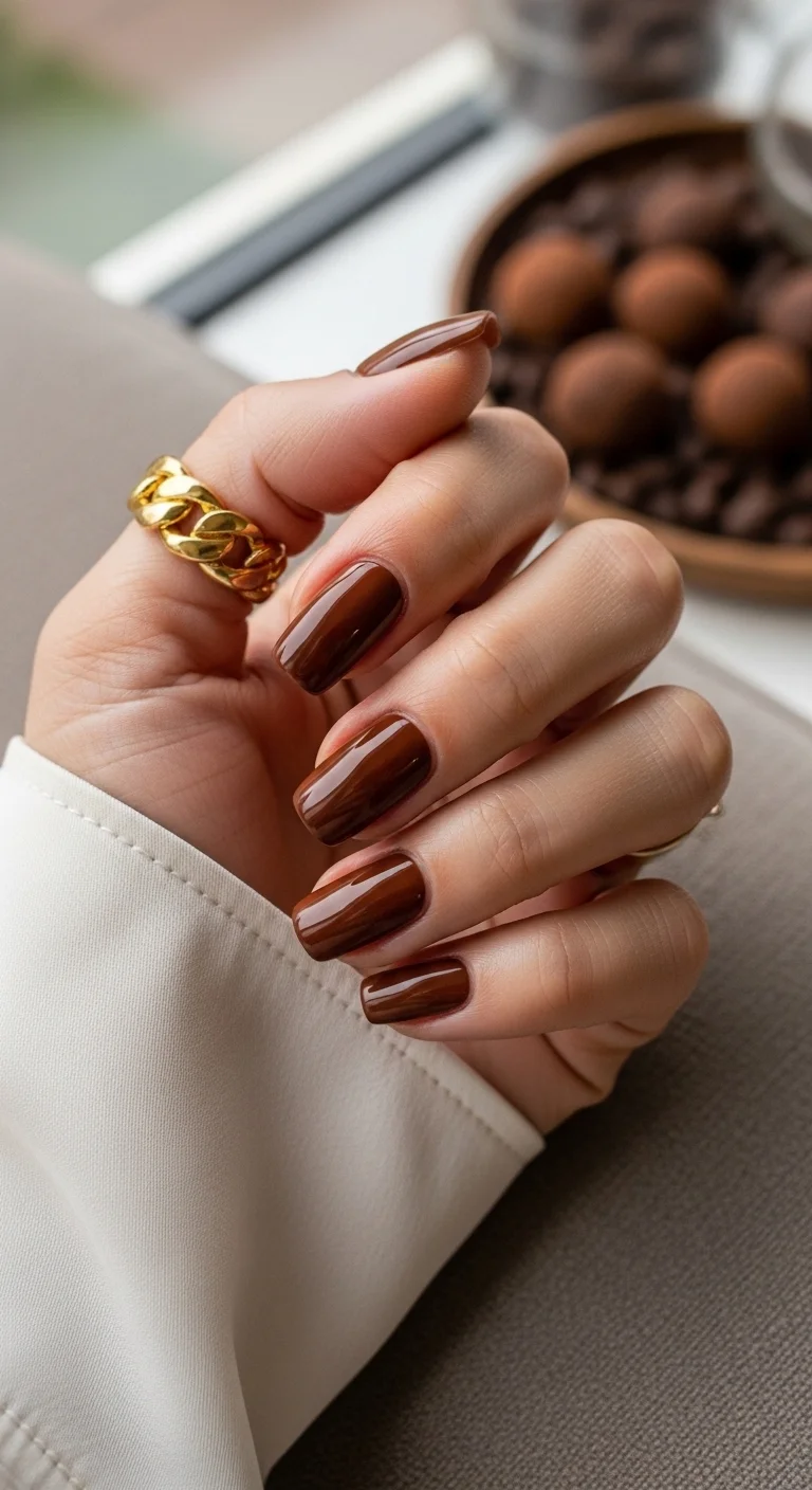 Short squoval nails in a rich, glossy chocolate brown.