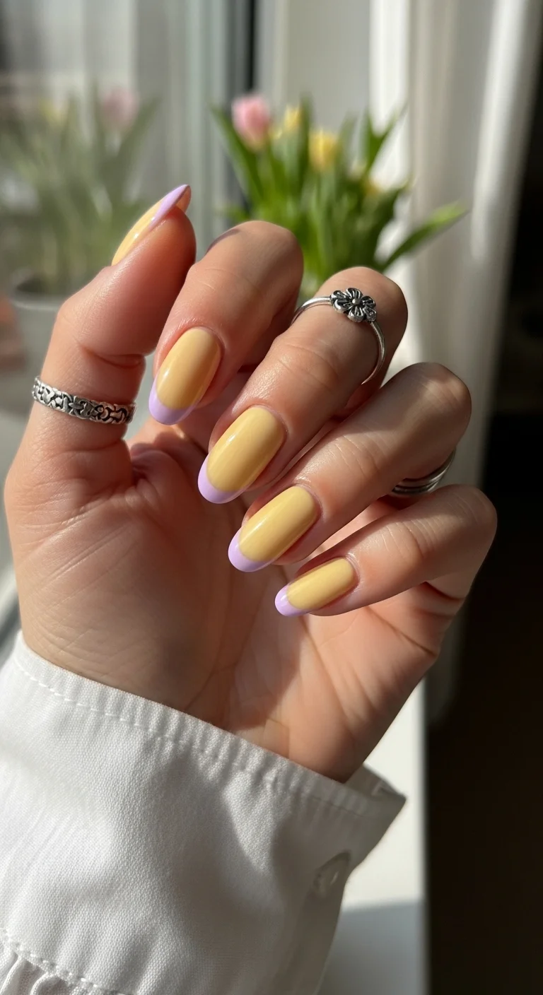 Butter yellow nails with lavender french tips