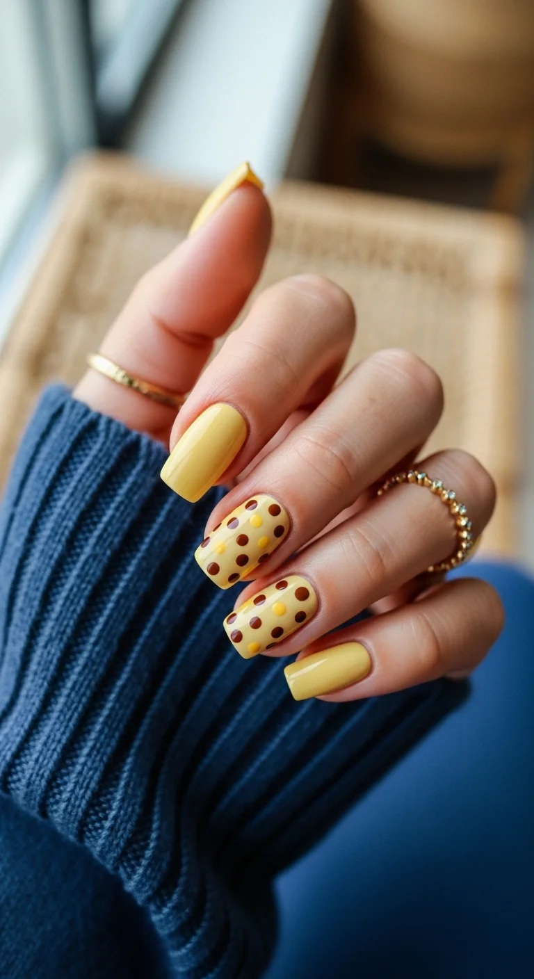 Yellow nails with brown and pale yellow polka dots