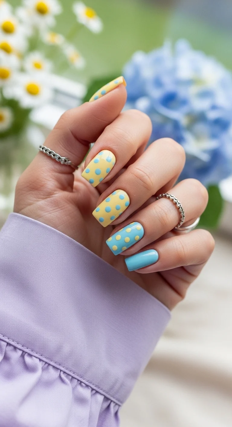 Yellow and blue nails with opposite colored polka dots