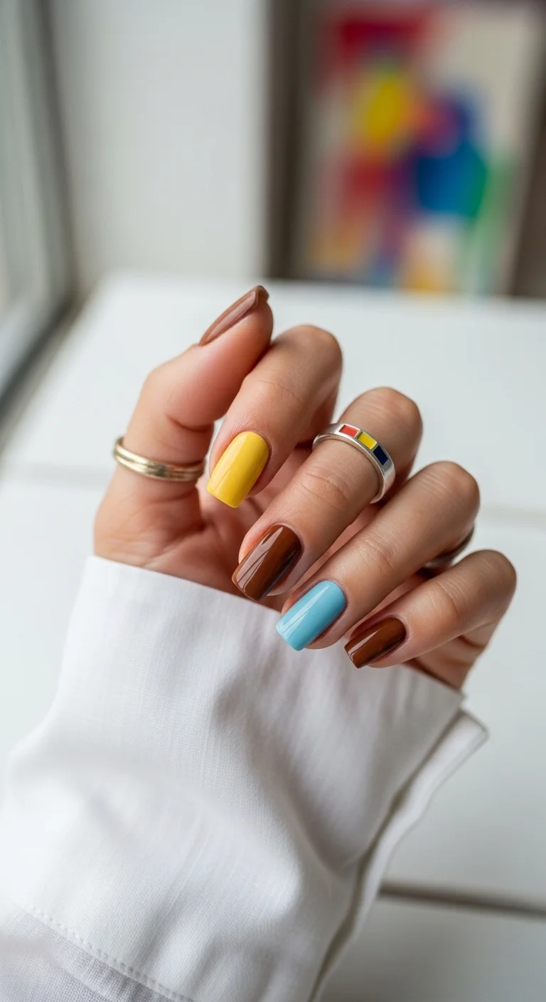 Skittle manicure with yellow, brown, and light blue
