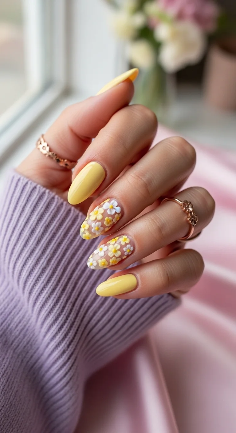 Yellow nails with 3D white and yellow flowers on accent nails