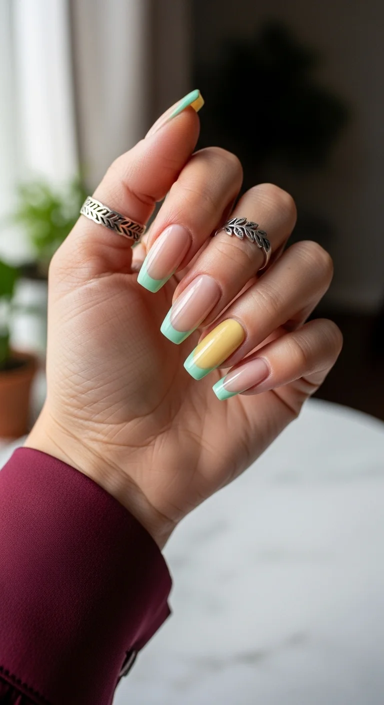 Mint green french tips with one yellow french tip