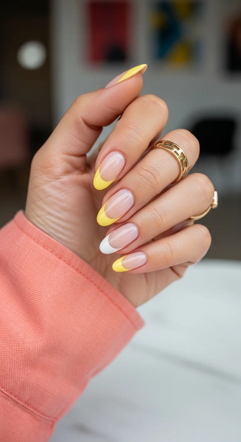 Yellow french tips with one white tip