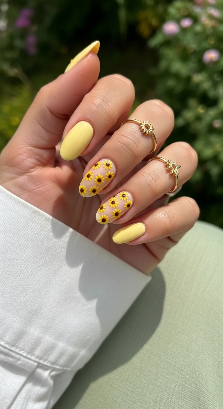 Yellow nails with mini sunflowers on accent nails
