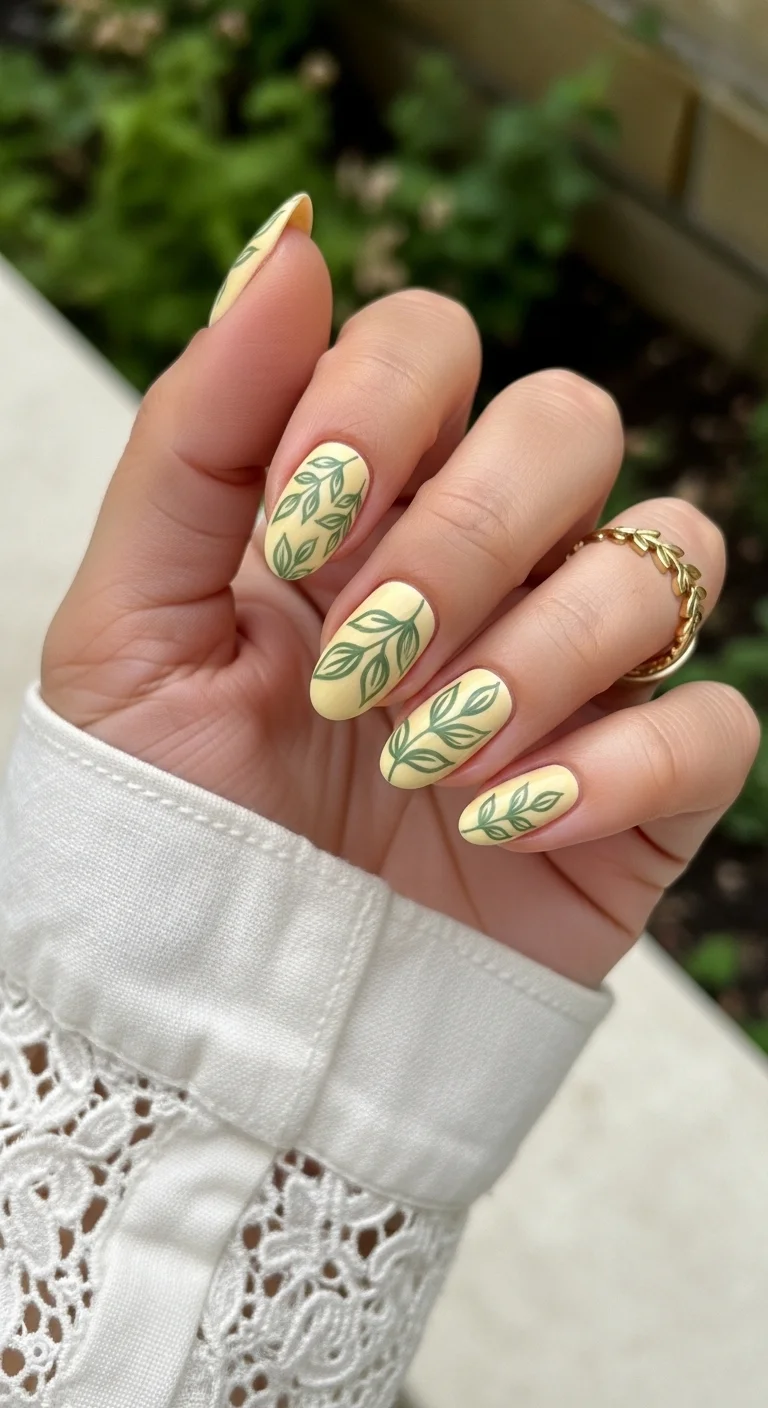 Pale yellow nails with green leafy vine painting